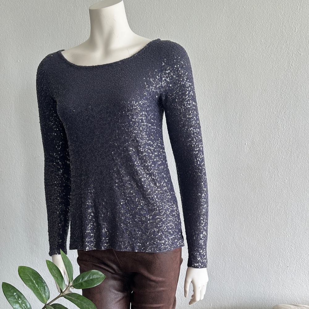 J. Crew Sequined Navy Boat Neck Long Sleeve Top